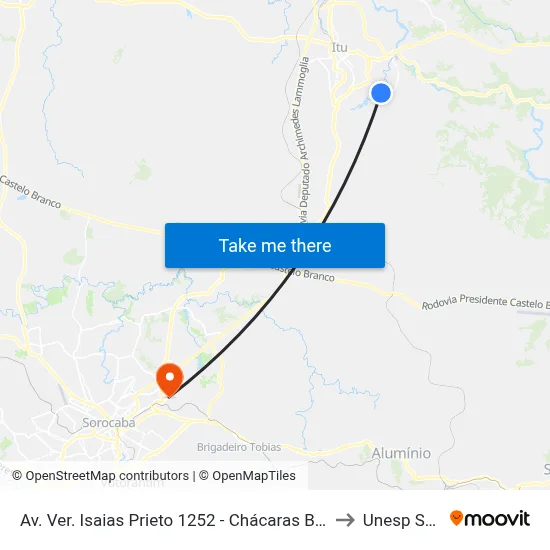 Av. Ver. Isaias Prieto 1252 - Chácaras Berro Dagua Itu - SP Brasil to Unesp Sorocaba map