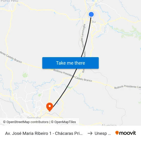 Av. José Maria Ribeiro 1 - Chácaras Primavera Itu - SP 13301-760 Brasil to Unesp Sorocaba map