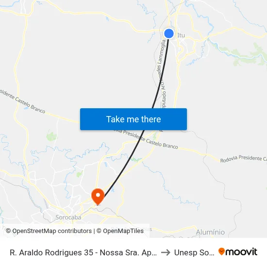 R. Araldo Rodrigues 35 - Nossa Sra. Aparecida Itu - SP Brasil to Unesp Sorocaba map