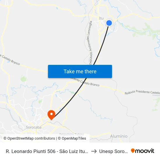 R. Leonardo Piunti 506 - São Luiz Itu - SP Brasil to Unesp Sorocaba map
