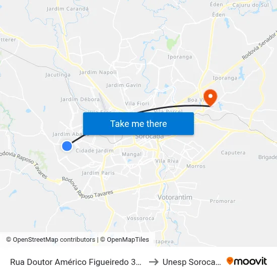 Rua Doutor Américo Figueiredo 3501 to Unesp Sorocaba map