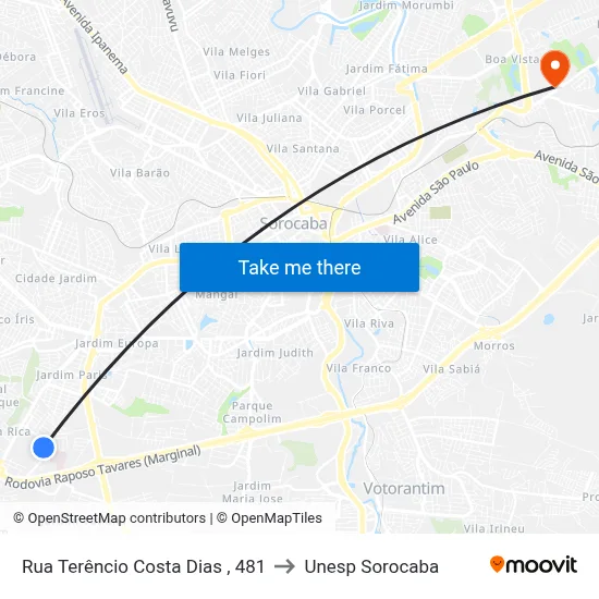 Rua Terêncio Costa Dias , 481 to Unesp Sorocaba map