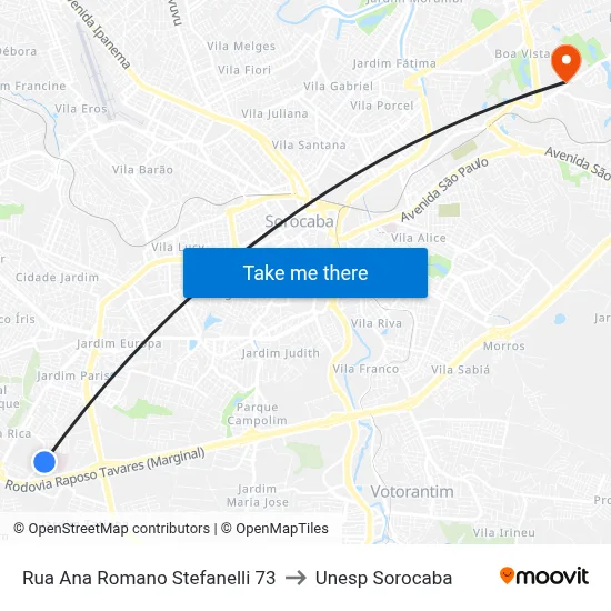 Rua Ana Romano Stefanelli 73 to Unesp Sorocaba map