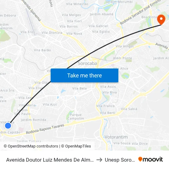 Avenida Doutor Luiz Mendes De Almeida, 2466 to Unesp Sorocaba map