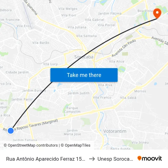 Rua Antônio Aparecido Ferraz 1530 to Unesp Sorocaba map