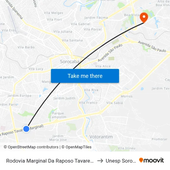 Rodovia Marginal Da Raposo Tavares - Soromix to Unesp Sorocaba map