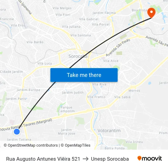 Rua Augusto Antunes Viêira 521 to Unesp Sorocaba map