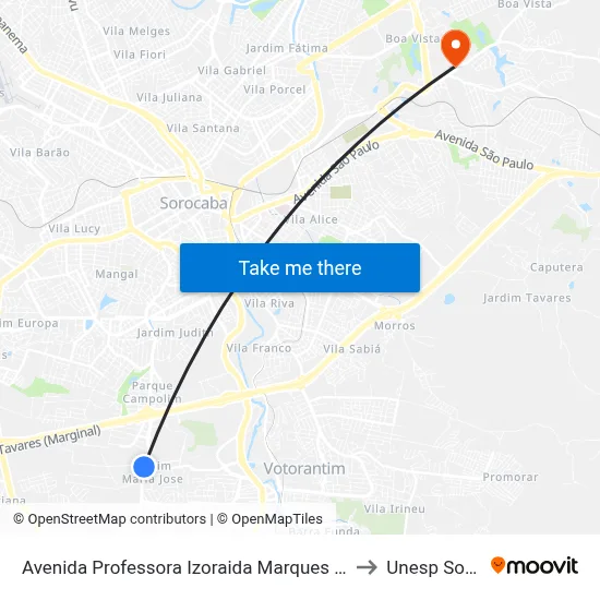 Avenida Professora Izoraida Marques Peres - Tok & Stok to Unesp Sorocaba map
