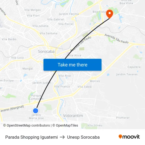 Parada Shopping Iguatemi to Unesp Sorocaba map