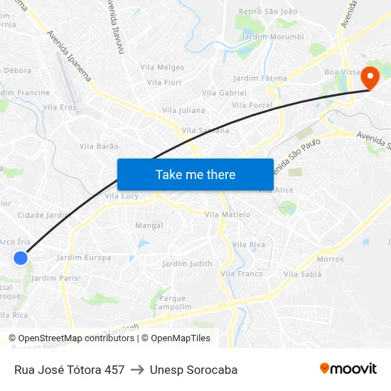 Rua José Tótora 457 to Unesp Sorocaba map