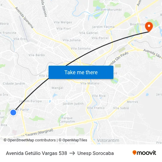 Avenida Getúlio Vargas 538 to Unesp Sorocaba map