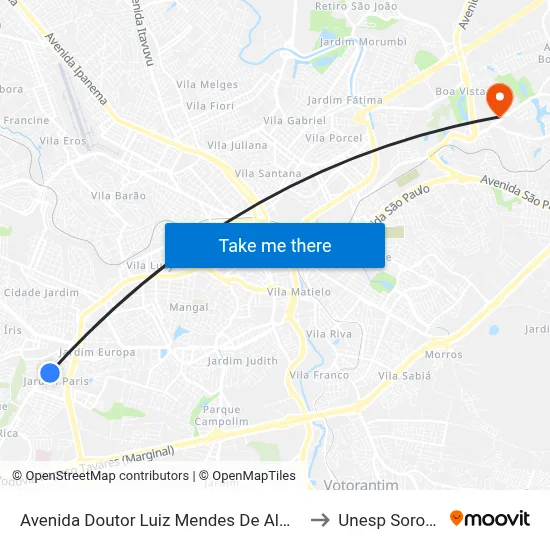 Avenida Doutor Luiz Mendes De Almeida 891 to Unesp Sorocaba map