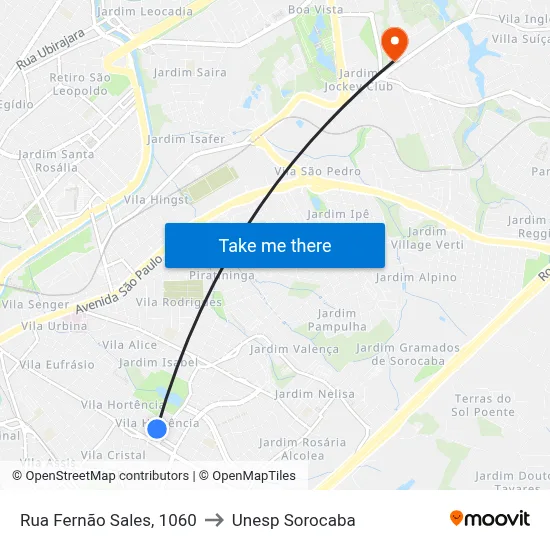 Rua  Fernão Sales, 1060 to Unesp Sorocaba map