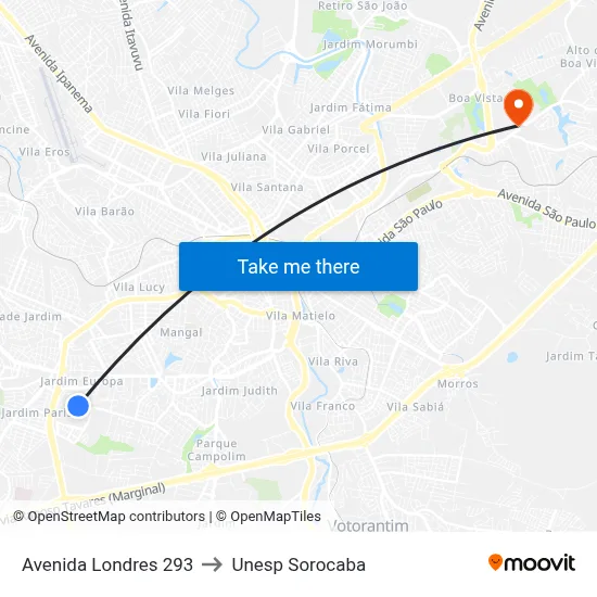 Avenida Londres 293 to Unesp Sorocaba map