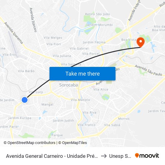 Avenida General Carneiro - Unidade Pré-Hospitalar Da Zona Oeste to Unesp Sorocaba map