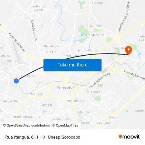 Rua Itanguá, 611 to Unesp Sorocaba map