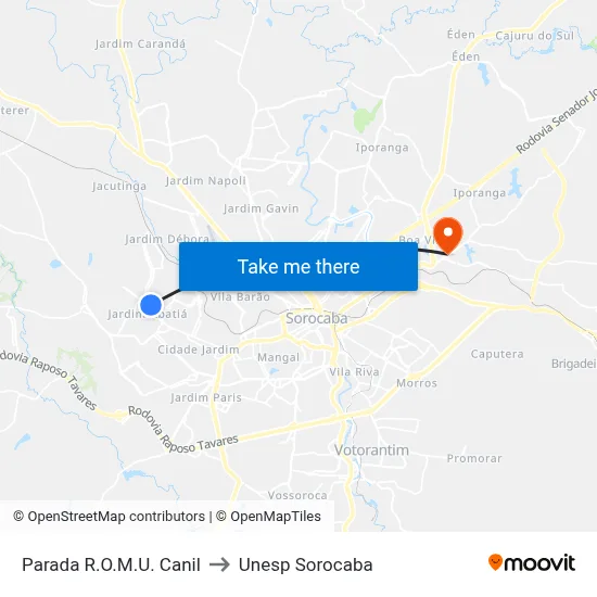 Parada R.O.M.U. Canil to Unesp Sorocaba map