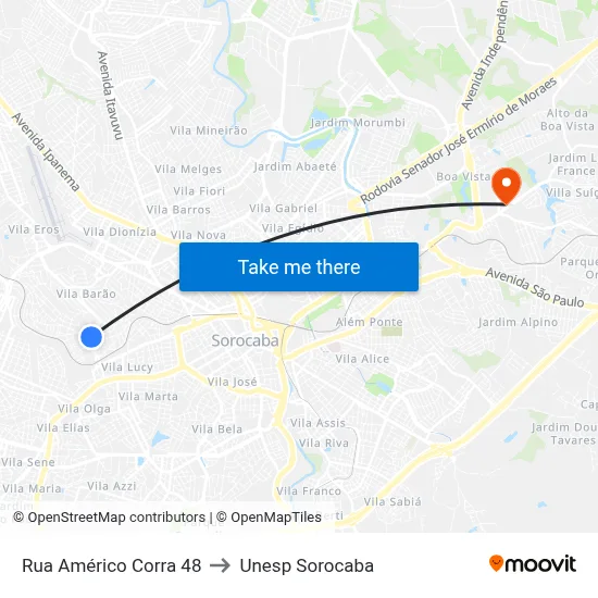Rua Américo Corra 48 to Unesp Sorocaba map