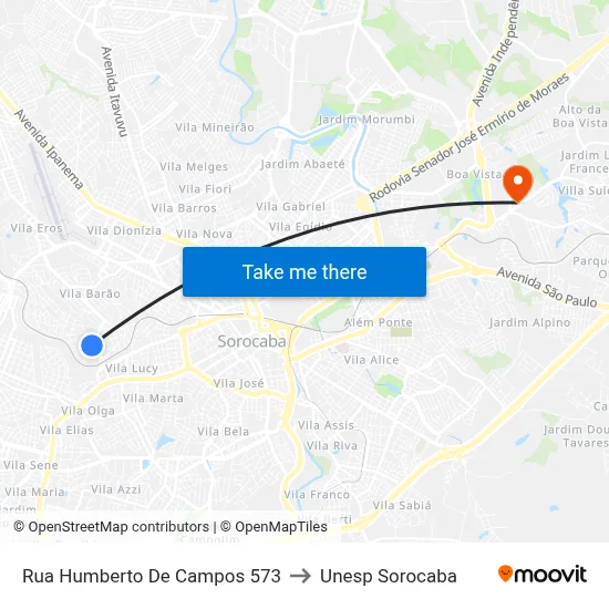 Rua Humberto De Campos 573 to Unesp Sorocaba map