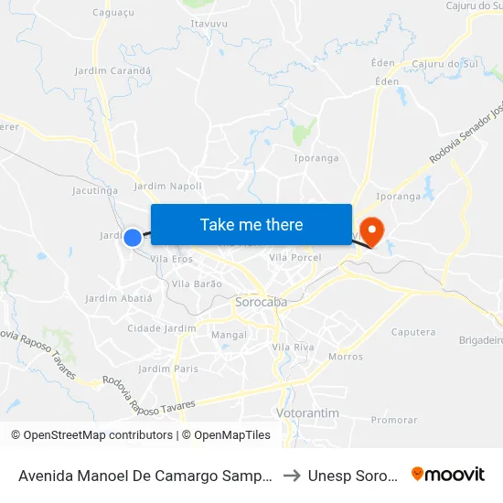 Avenida Manoel De Camargo Sampaio 1789 to Unesp Sorocaba map