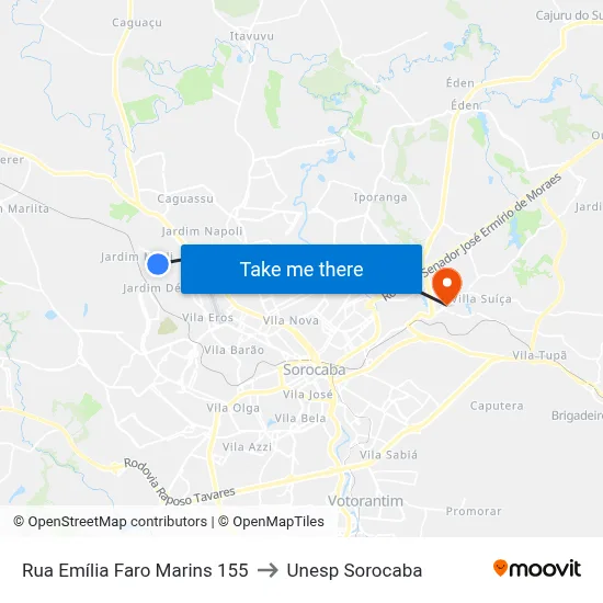 Rua Emília Faro Marins 155 to Unesp Sorocaba map
