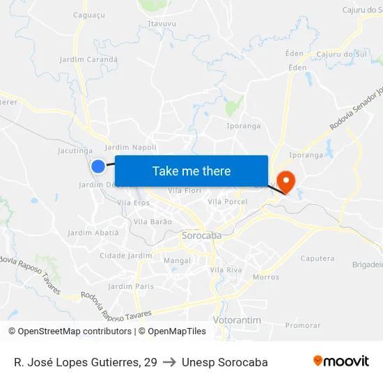 R. José Lopes Gutierres, 29 to Unesp Sorocaba map