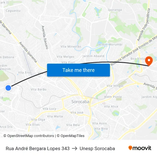 Rua André Bergara Lopes 343 to Unesp Sorocaba map