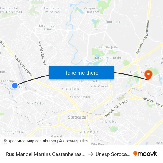 Rua Manoel Martins Castanheiras 42 to Unesp Sorocaba map