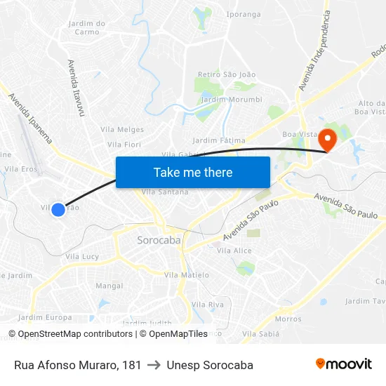 Rua Afonso Muraro, 181 to Unesp Sorocaba map
