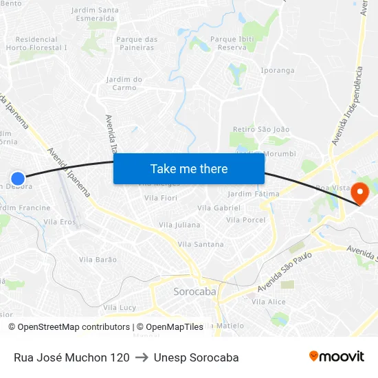 Rua José Muchon 120 to Unesp Sorocaba map