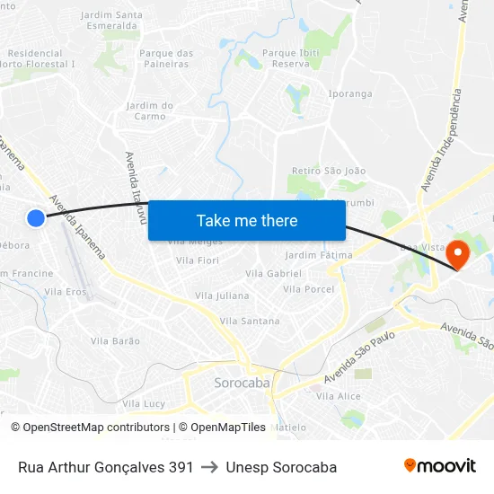 Rua Arthur Gonçalves 391 to Unesp Sorocaba map