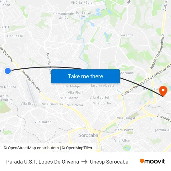 Parada U.S.F. Lopes De Oliveira to Unesp Sorocaba map