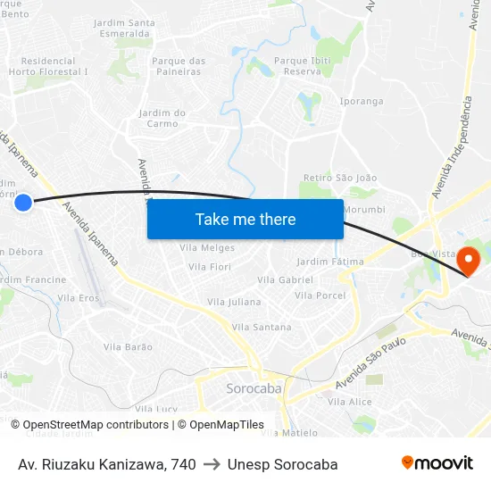 Av. Riuzaku Kanizawa, 740 to Unesp Sorocaba map