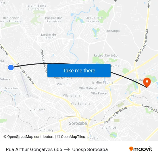 Rua Arthur Gonçalves 606 to Unesp Sorocaba map