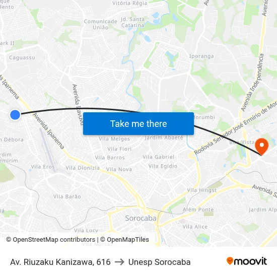 Av. Riuzaku Kanizawa, 616 to Unesp Sorocaba map