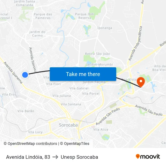 Avenida Lindóia, 83 to Unesp Sorocaba map