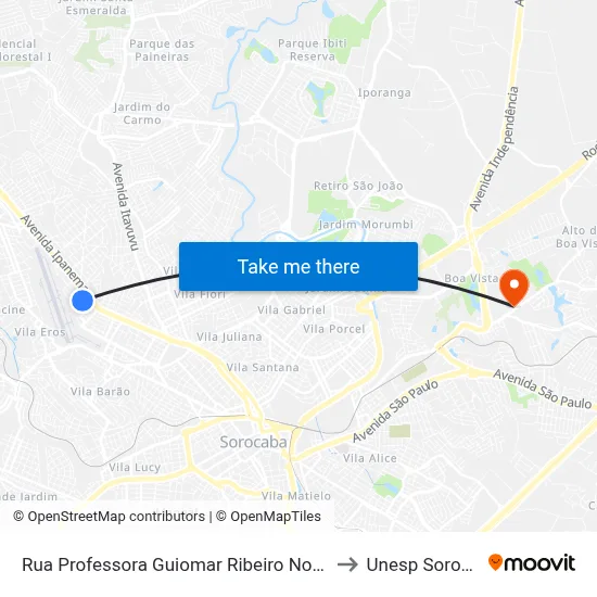 Rua Professora Guiomar Ribeiro Novaes 285 to Unesp Sorocaba map