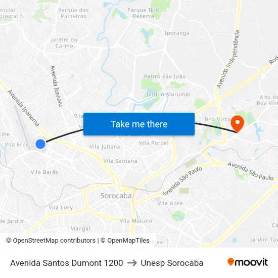 Avenida Santos Dumont 1200 to Unesp Sorocaba map