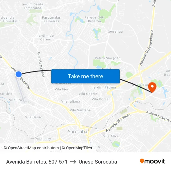 Avenida Barretos, 507-571 to Unesp Sorocaba map