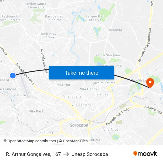 R. Arthur Gonçalves, 167 to Unesp Sorocaba map