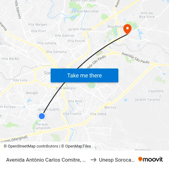 Avenida Antônio Carlos Comitre, 600 to Unesp Sorocaba map