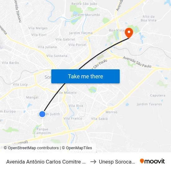 Avenida Antônio Carlos Comitre 92 to Unesp Sorocaba map