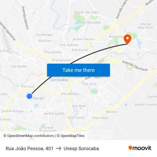 Rua João Pessoa, 401 to Unesp Sorocaba map