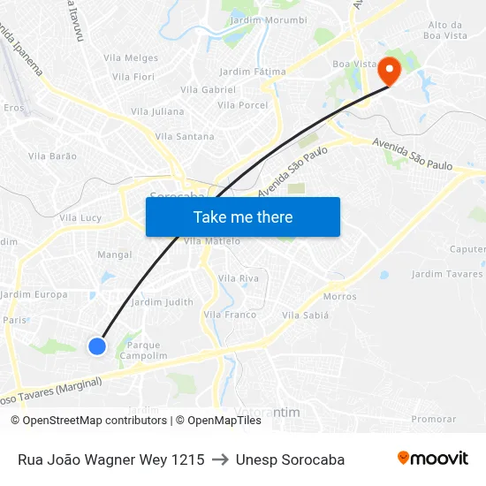 Rua João Wagner Wey 1215 to Unesp Sorocaba map