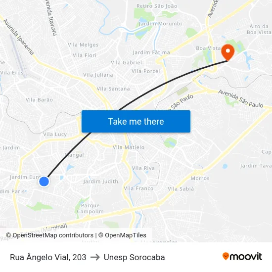 Rua Ângelo Vial, 203 to Unesp Sorocaba map