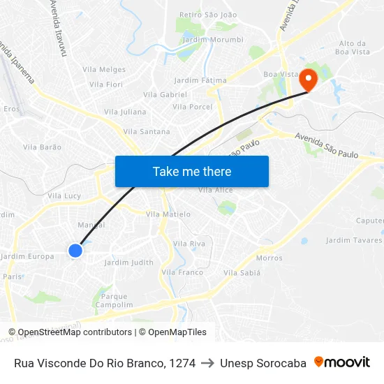 Rua Visconde Do Rio Branco, 1274 to Unesp Sorocaba map