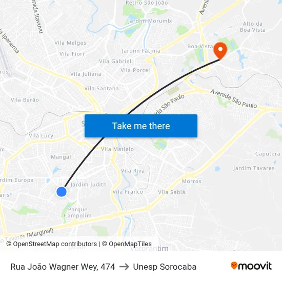 Rua João Wagner Wey, 474 to Unesp Sorocaba map