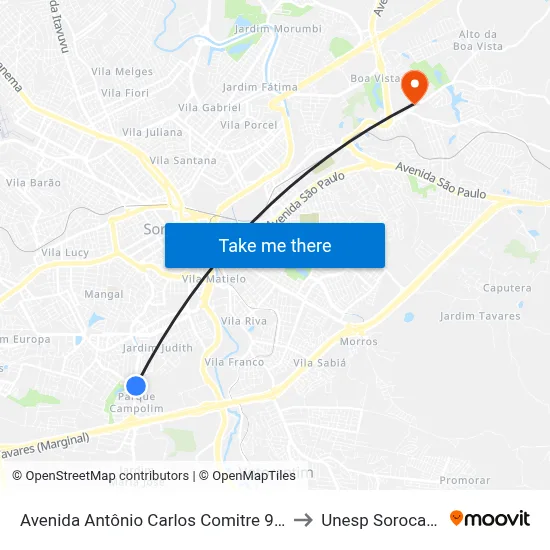 Avenida Antônio Carlos Comitre 991 to Unesp Sorocaba map