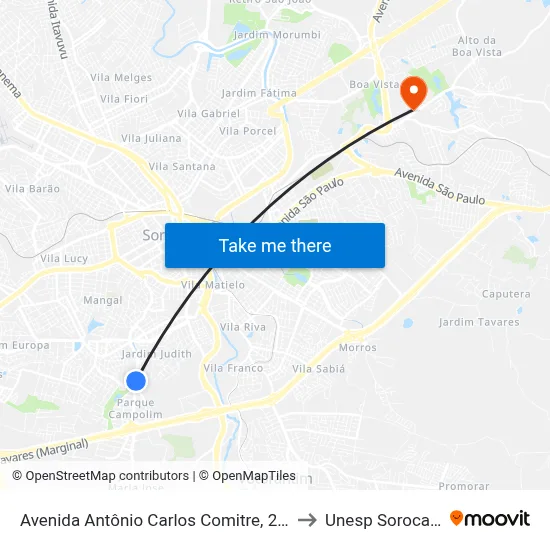 Avenida Antônio Carlos Comitre, 2051 to Unesp Sorocaba map
