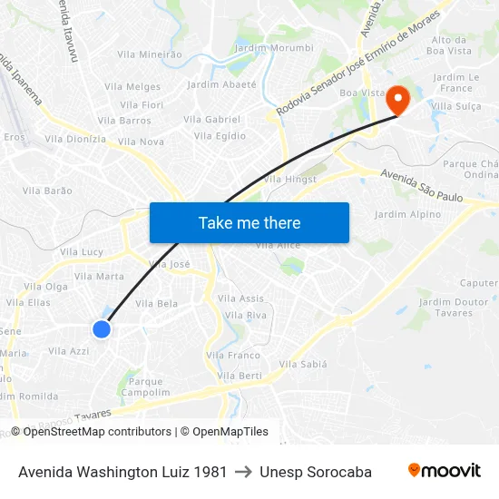 Avenida Washington Luiz 1981 to Unesp Sorocaba map